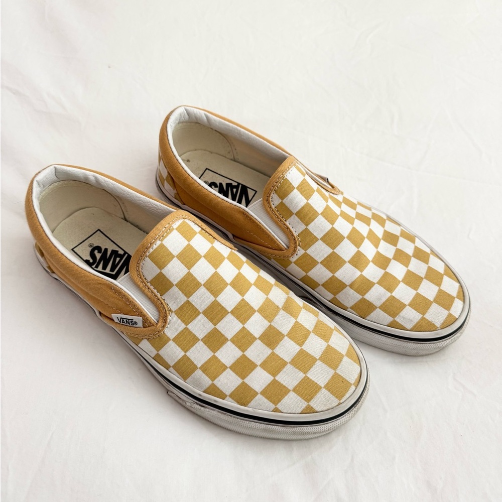 Vans Yellow and White Checkerboard Slip-Ons